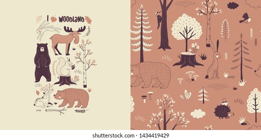 Forest wildlife childish fashion textile graphics set with t-shirt print and accompanied tileable background in decorative Scandinavian style. Woody landscape elements Bear Hare Squirrel Moose Deer