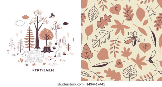 Forest wildlife childish fashion textile graphics set with t-shirt print and accompanied tileable background in decorative Scandinavian style. Woody landscape scene with cute bear illustration