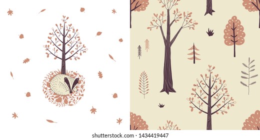 Forest wildlife childish fashion textile graphics set with t-shirt print and accompanied tileable background in decorative Scandinavian style. Cute badger sleeping in fall leaves under the tree