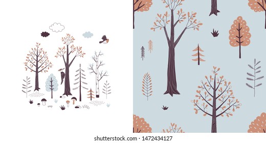 Forest wildlife childish fashion textile graphics set with t-shirt print and accompanied tileable background in decorative Scandinavian style. Woody landscape scene illustration. Woodland plant and