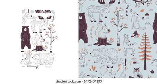 Forest wildlife childish fashion textile graphics set with t-shirt print and accompanied tileable background in decorative Scandinavian style. Woody landscape elements Bear Hare Squirrel Moose Deer