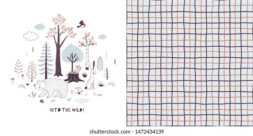 Forest wildlife childish fashion textile graphics set with t-shirt print and accompanied tileable background in decorative Scandinavian style. Woody landscape scene with cute bear hare illustration