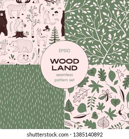 Forest wildlife childish vector seamless pattern set. Woody landscape with Bear Deer Hare Wolf Moose Fox Owl Squirrel creatures repeatable background. Forest tree Leaves print. Flat leafy branch