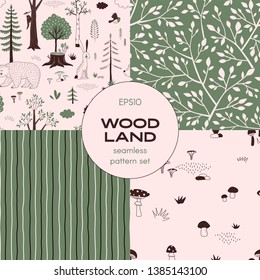 Forest wildlife childish vector seamless pattern set. Woody landscape with Hedgehog Bear Hare creatures repeatable print. Doodle Mushroom harvest background. Hand drawn vertical stripes backdrop