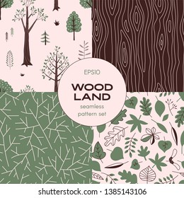 Forest wildlife childish vector seamless pattern set. Park landscape with plant and trees repeatable background. Simple linear branch neutral backdrop. Woodland tree leaves graphic print. Woody doodle