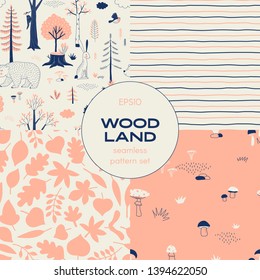 Forest wildlife childish vector seamless pattern set.Woody landscape with Hedgehog Bear Hare creatures repeatable background. Woodland tree leaves graphics. Autumn Mushroom harvest print. Doodle