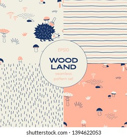 Forest wildlife childish vector seamless pattern set. Hedgehog collecting mushrooms repeatable background. Autumn Forest Mushroom harvest print. Simple neutral dash animal fur tileable texture. Doodle