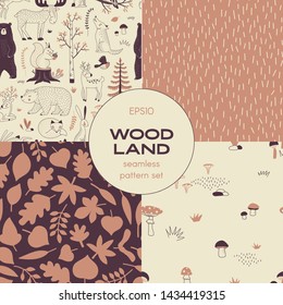 Forest wildlife childish vector seamless pattern set. Woody landscape with Bear Deer Hare Wolf Moose Fox Owl Squirrel creatures repeatable background. Autumn Forest Leaves print. Mushrooms harvest