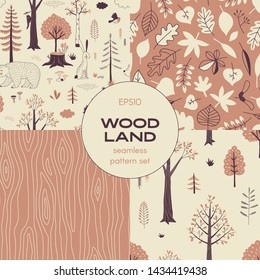 Forest wildlife childish vector seamless pattern set. Woodland tree leaves graphics. Woody landscape with Hedgehog Bear Hare creatures repeatable background. Nature park plant and trees print. Woody