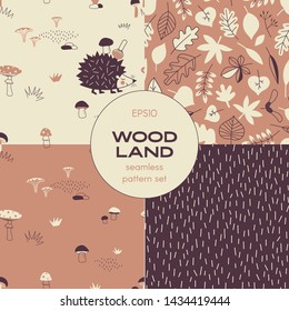 Forest wildlife childish vector seamless pattern set. Hedgehog collecting mushrooms repeatable background. Autumn Forest Leaves print. Mushroom harvest graphics. Simple neutral doodle dash animal fur