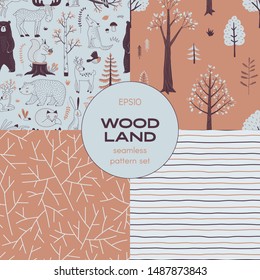 Forest wildlife childish vector seamless pattern set. Woody landscape with Bear Deer Hare Wolf Moose Fox Owl Squirrel creatures repeatable background. Park landscape with plant and trees print. Simple