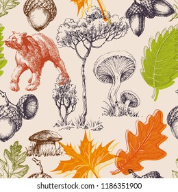 Forest and wildlife doodles seamless pattern. Woods design elements
