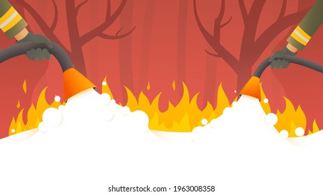 Forest wildlife fire. Firefighters fight a nature fire disaster vector cartoon illustration. 