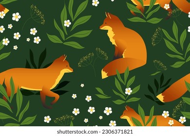 Forest wildlife with hand drawn beautiful foxes. Seamless pattern with wild animals and plants. Vector.