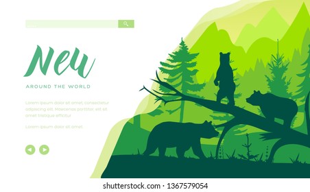 Plantilla de la página de inicio de la vida silvestre forestal. Diseño de banners web de osos. Silhouettes de color pardo en la ilustración minimalista del bosque. Página de inicio del sitio web de animales salvajes carnívoros. Exploración de la naturaleza