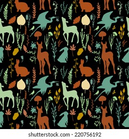 Forest wildlife seamless pattern. Black background with deer, birds, plants and mushrooms. Vintage hand drawn texture.