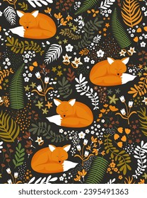 Forest Wildlife. Seamless Pattern with foxes and forest plants elements. Wild Animals in the Forest. Design for wallpaper, fabric, baby clothes, blankets, backgrounds.