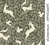Forest Wildlife Seamless Pattern with Hand Drawn Deer, Fox, Raven, Squirrel, Rabbit Elements. Wild Animals in the Forest. Repeat Design good for wallpaper, fabric, baby clothes, blankets, backgrounds.