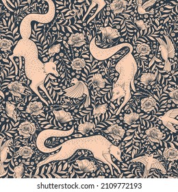 Forest Wildlife Seamless Pattern with Hand Drawn Fox, Bird and Plant Elements. Wild Animals on the Field. Repeat Design good for wallpaper, fabric, baby clothes, blankets, backgrounds, packaging and m