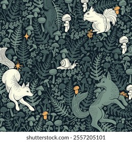 Forest Wildlife Seamless Pattern with Hand Drawn Fox, Squirrel,  Snail and Plant Elements. Wild Animals in forest. Repeat Design good for wallpaper, fabric, baby clothes, backgrounds and more.