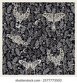 Forest Wildlife Seamless Pattern with Hand Drawn moth, butterfly, moon and plants. Wild Animals in forest. Repeat Design good for wallpaper, fabric, baby clothes, backgrounds and more.