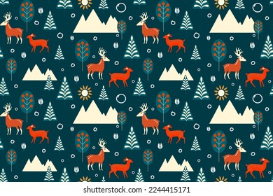 La fauna silvestre silvestre se caracteriza por un estilo escandinavo con animales de bosque, ciervos, árboles de bosques dibujados a mano, montañas. Bosque de invierno. Estilo plano. Vector. Para papel textil, de pared o de impresión