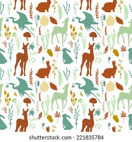 Forest wildlife seamless pattern. White background with deer, birds, plants and mushrooms. Vintage hand drawn texture.