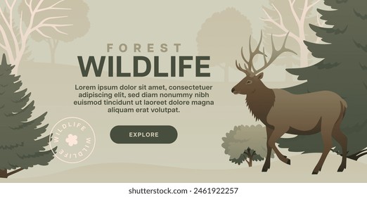 Forest wildlife web banner design. Color landscape with trees and elk. Wild animal in nature background vector illustration.