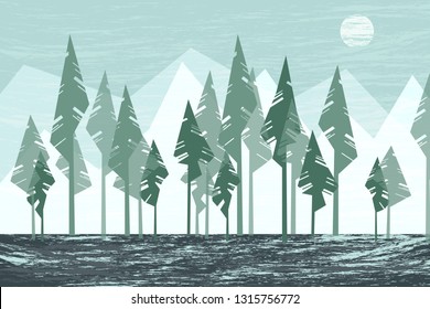 Forest - winter cold card. Vector illustration with pine and fir trees on the covered ground. Moon, mountains, snow grove - nature outdoors. Printing on wrappers, clothes, covers