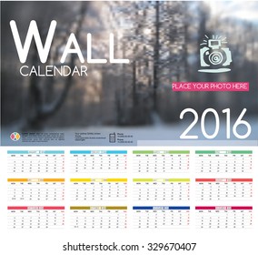 Forest in winter.  Design Wall Calendar 2016. Vector Templates all months. Example design gift calendars for Cafes, Shops, Hotels