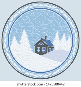 Forest winter landscape with a house. Landscape in a circle.