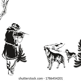 El paisaje del invierno forestal con Hunter, armas, perros y lobos. Ilustración del vector abstracto. Colocar el texto. Fondo editable