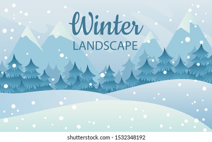 Forest winter landscape with mountains and fir trees. Flat illustration, snow peaks, snowfall.