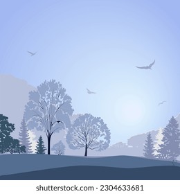 Forest winter landscape, sunrise, snow, frost, blue background, vector illustration.