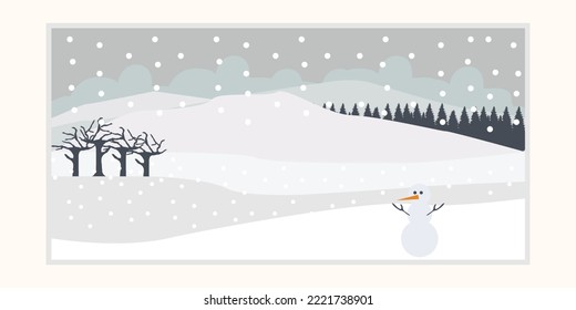 forest winter landscape vintage poster illustration design, nature forest winter with snowman poster design