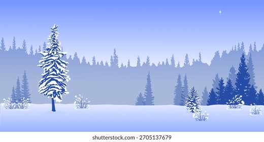Paisaje de nieve del invierno del bosque en el fondo azul claro, Ilustración vectorial.	