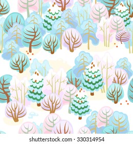 Forest in winter with snow / Seamless pattern of fairy forest with snow
