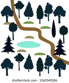 Forest winter vector background with different trees, lake, path