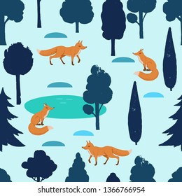 Forest winter vector seamless pattern with different trees, lake, fox