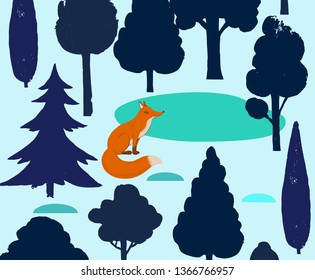 Forest winter vector seamless pattern with different trees, lake, fox