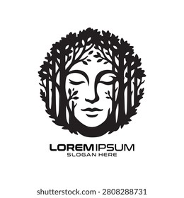 Forest Wisdom logo captures a striking side profile integrated into a dense forest, reflecting deep wisdom and grounding, ideal for counseling services, environmental education platforms, or ethical fashion labels looking for a powerful and thought-provoking visual identity that emphasizes connection.