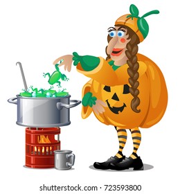 Forest witch in costume Jack-o-lantern brews magic potion frogs isolated on white background. Sketch for poster or card for holiday of all evil spirits Halloween. Vector cartoon close-up illustration.