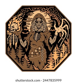 Emblema de Bruja Forestal. Bruja Malvada sostiene un esqueleto ardiente. Insignias y parche en la ropa. Halloween. Imagen de Vector estándar