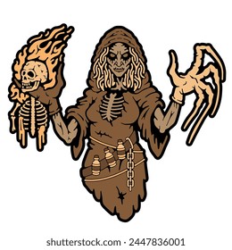 Forest Witch emblem. Evil Witch holds a burning skeleton. Badges and patch on clothes. Halloween. Stock Vector Image