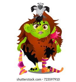 Forest witch with pet bird magpie on her head isolated on white background. Sketch for a poster or card for the holiday of all evil spirits Halloween. Vector cartoon close-up illustration.