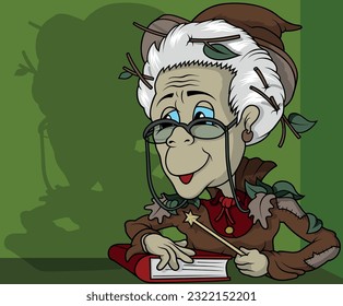 A Forest Witch Reads a Book of Spells - Colored Cartoon Illustration with Background, Vector
