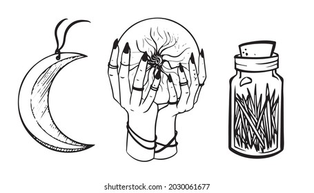 Forest witch sticker set magic vector black and white collection