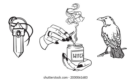 Forest witch sticker set magic vector black and white collection