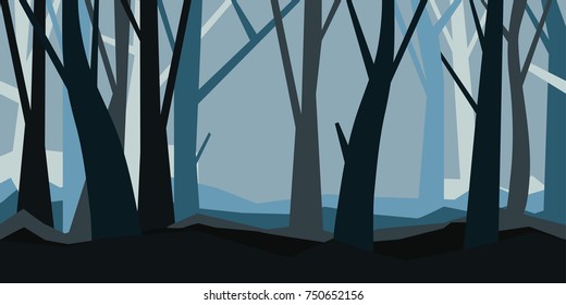 Forest without leaves in the dusk. Misty landscape. Cartoon horisontal vector illustration of a night forest in fog.