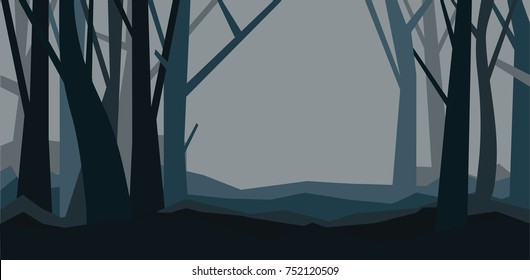 Forest without leaves in the dusk. Misty landscape. Cartoon horisontal vector illustration of a night forest in fog.